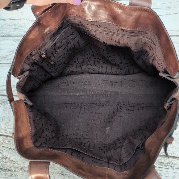 Fossil Brown Leather and Cheetah Print Weekender Tote Bag - Picture 7 of 8